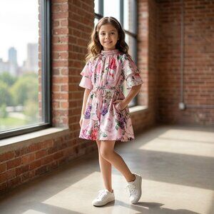 Peppermint Girls A-Line Floral Print Dress - Pink Summer Casual - Peach
